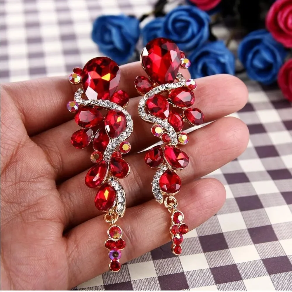 Yellow Gold with Ruby Red and AB Austrian Crystal Chandelier Clip On Earrings